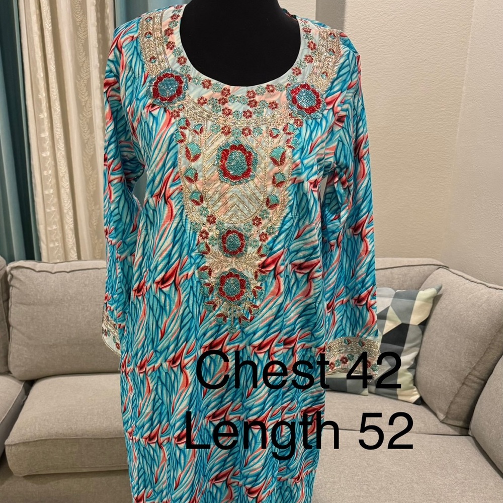 Elegant Blue and Red Patterned Dress